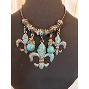 Signed You & I Yousi Fleur-de-lis Statement Necklace - Turquoise Patina Boho Vtg